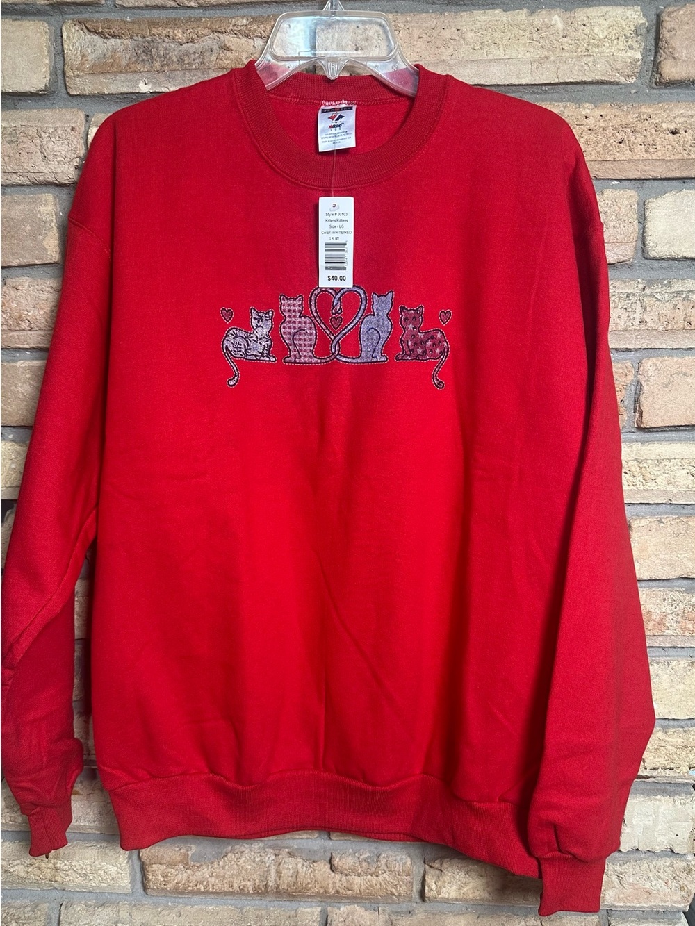 Jerzees Red Crewneck Sweater with Cat Heart Embroidery